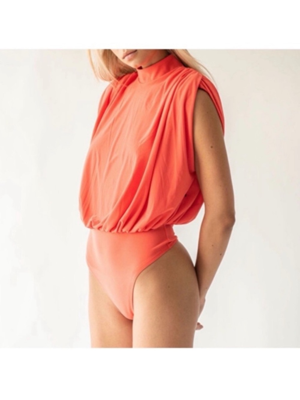 NWT Express Sleeveless Draped High-Neck Bodysuit in Coral- Size Small